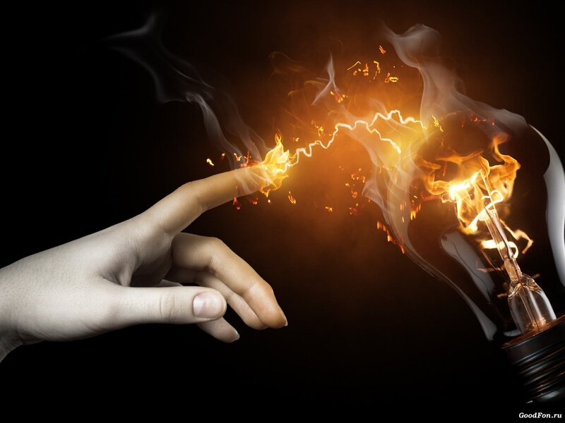 Hand Touching Light Bulb — Black, Dramatic, Digital Art, Light Bulb, Fire, Smoke