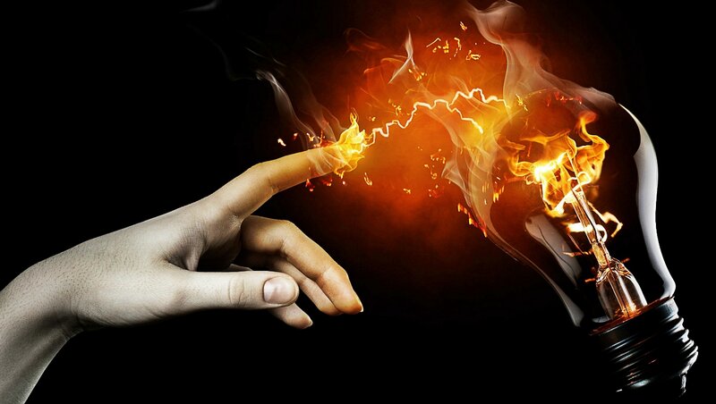 Hand Touching Light Bulb — Black, Dramatic, Digital Art, Light Bulb, Fire