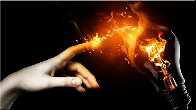 Hand Touching Light Bulb — Black, Dramatic, Digital Art, Light Bulb