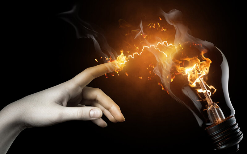 Hand Touching Light Bulb — Black, Dramatic, Digital Art