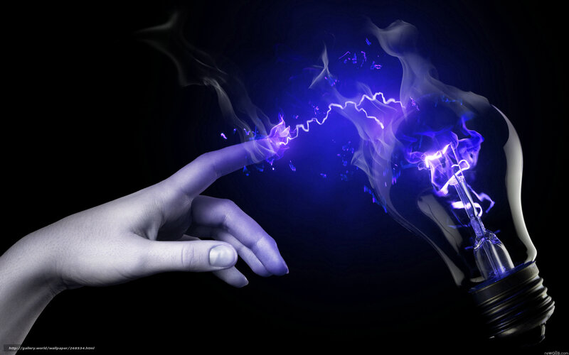 Hand Touching Light Bulb — Blue, Dramatic, Digital Art