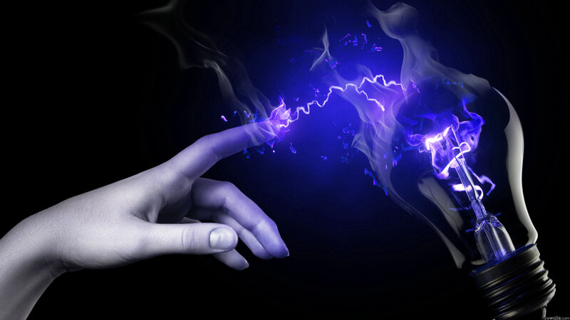 Hand Touching Light Bulb — Blue