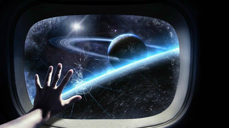 Hand Touching Spaceship Window — Blue, Dramatic, Night, Digital Art, Planet, Ringed Planet, Stars
