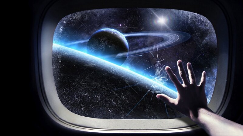 Hand Touching Spaceship Window — Blue, Dramatic, Night