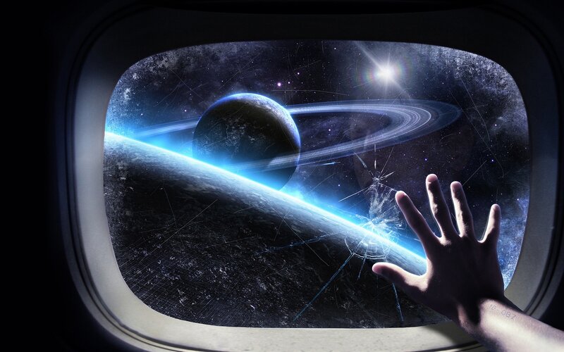 Hand Touching Spaceship Window — Blue, Dramatic