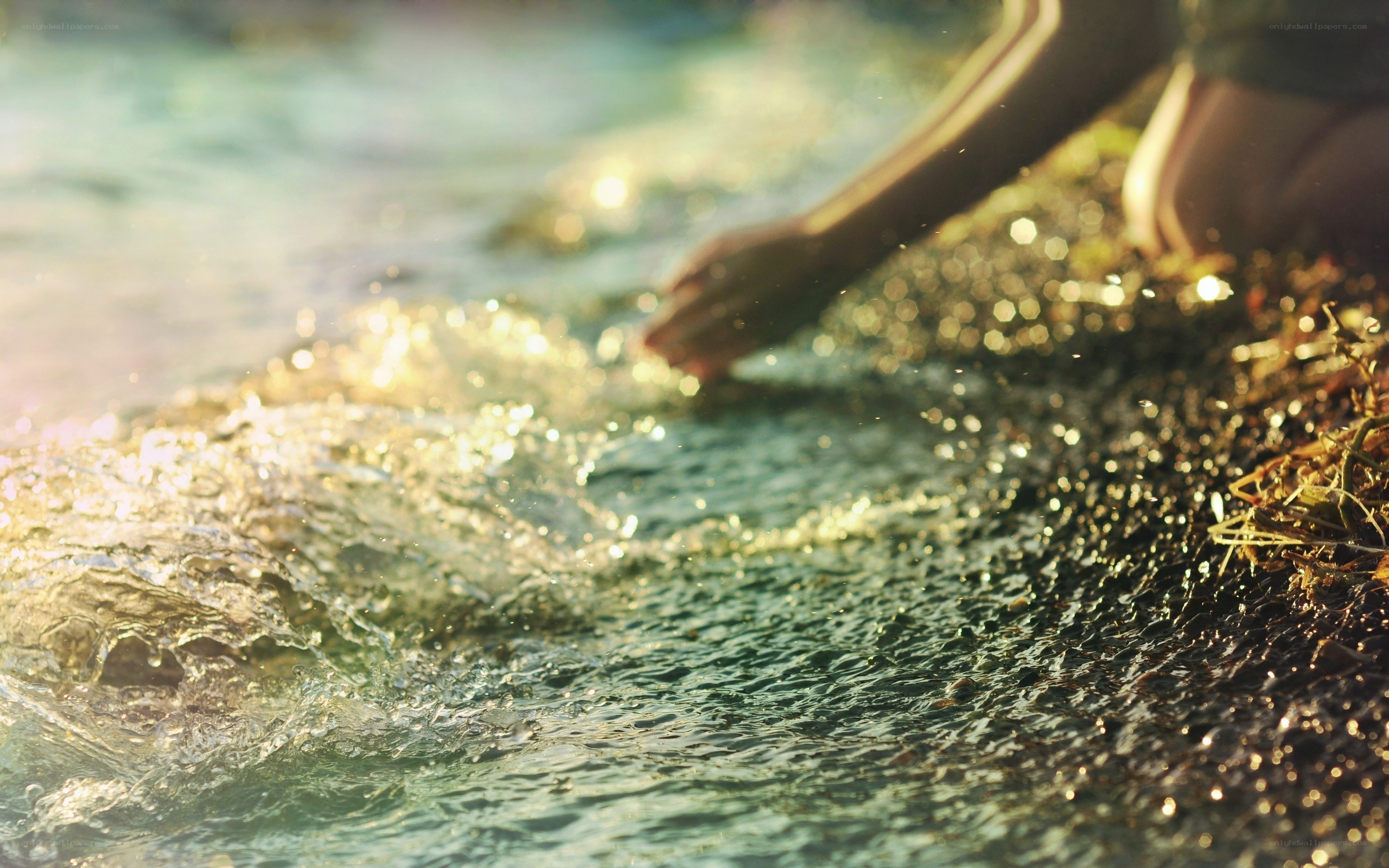 hand touching water at sunset