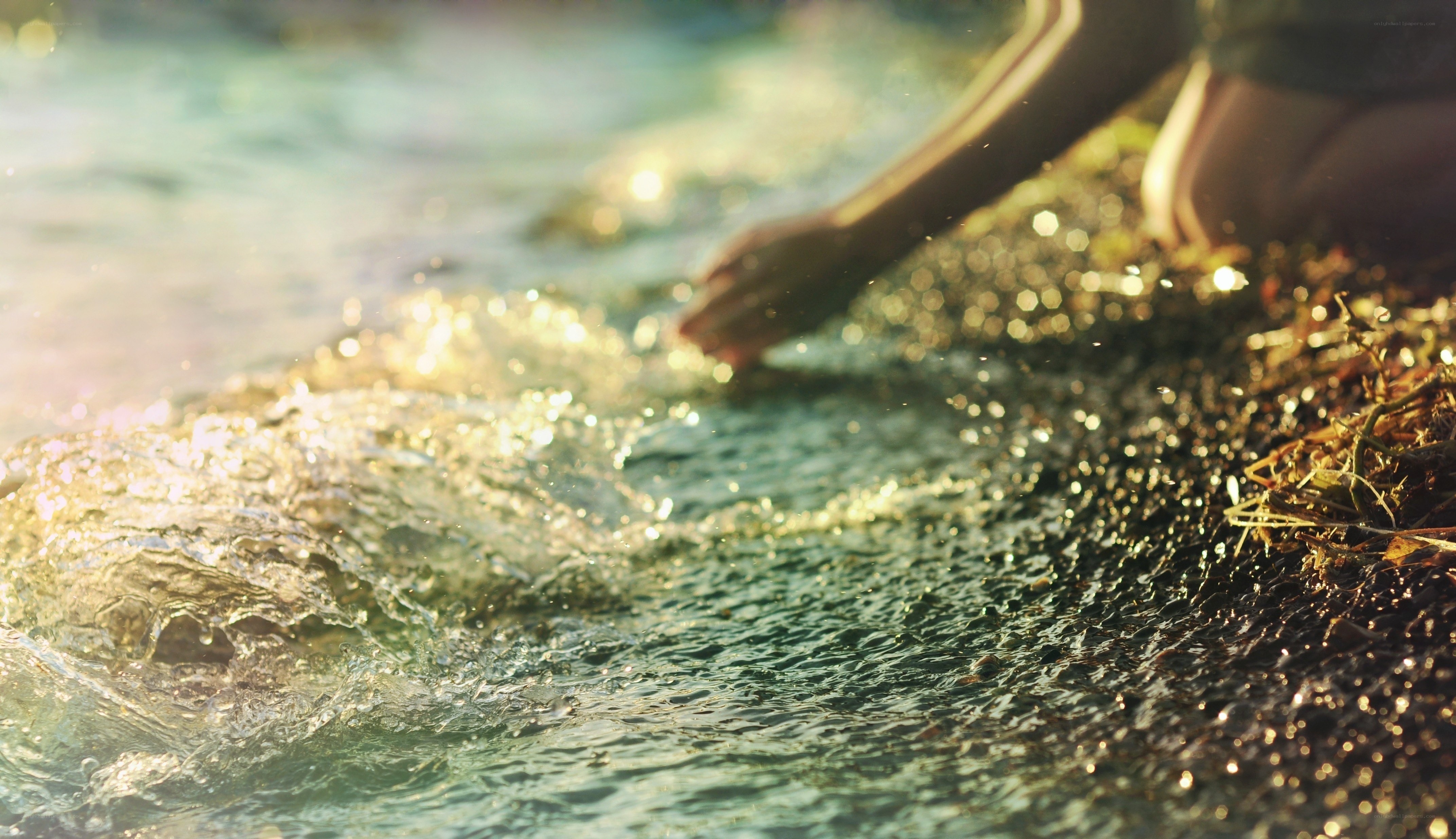 hand touching water at sunset