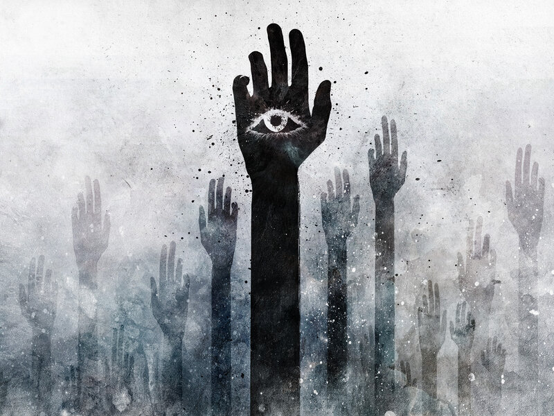 Hand with Eye Symbol — Black, Dramatic, Digital Art
