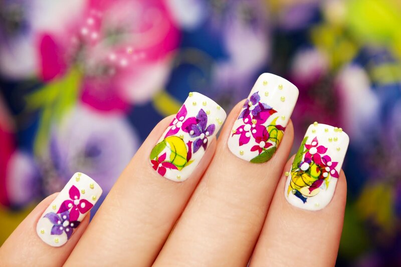 Hand with Floral Nail Art — White, Colorful