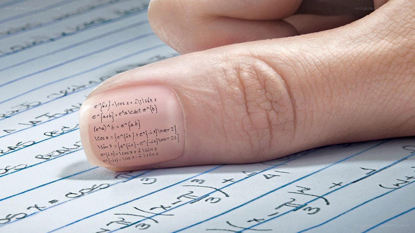 hand with math equations on fingernail
