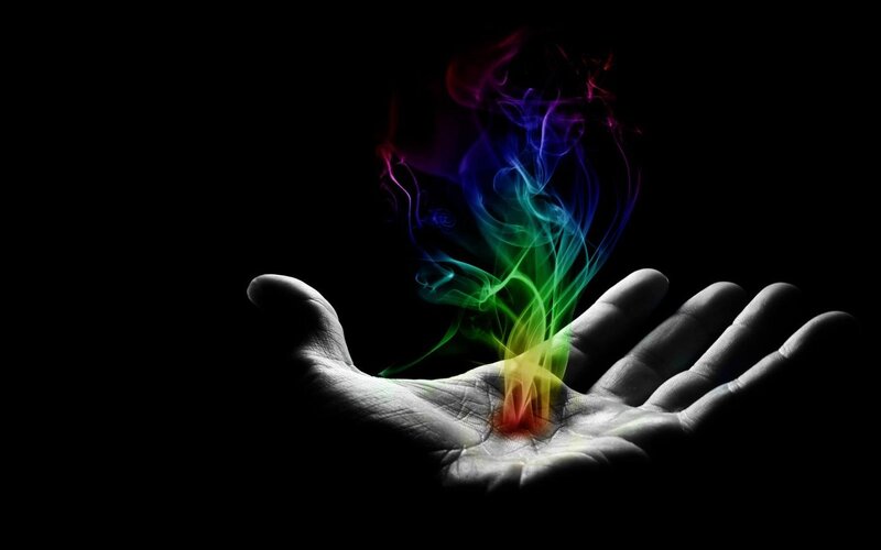 Hand with Rainbow Smoke — Black, Dramatic, Digital Art, Colorful