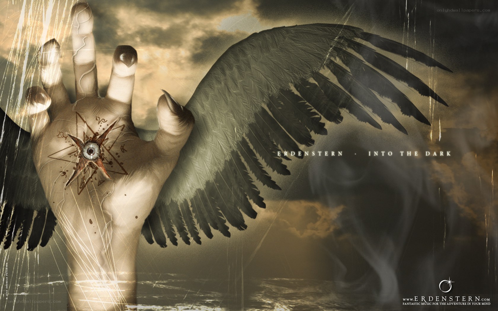 hand with wing and eye symbol