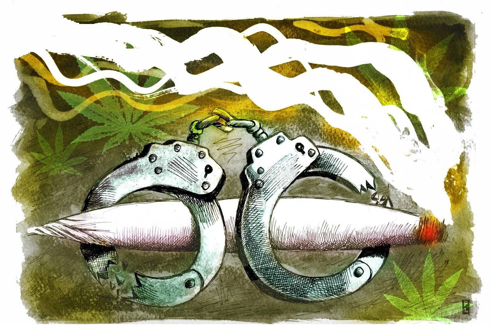 Handcuffs with marijuana smoke