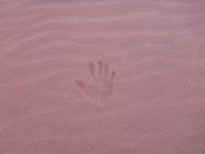 handprint in pink sand