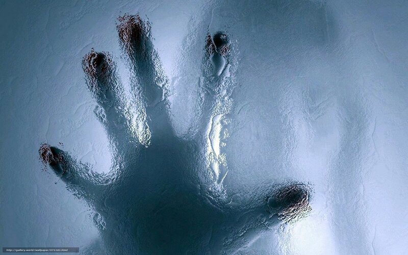Handprint on Frosted Glass — Blue, Dramatic, Photograph