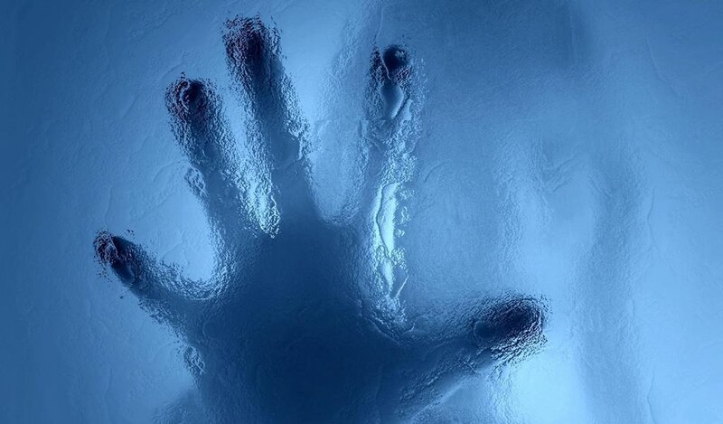 Handprint on Frosted Glass — Blue
