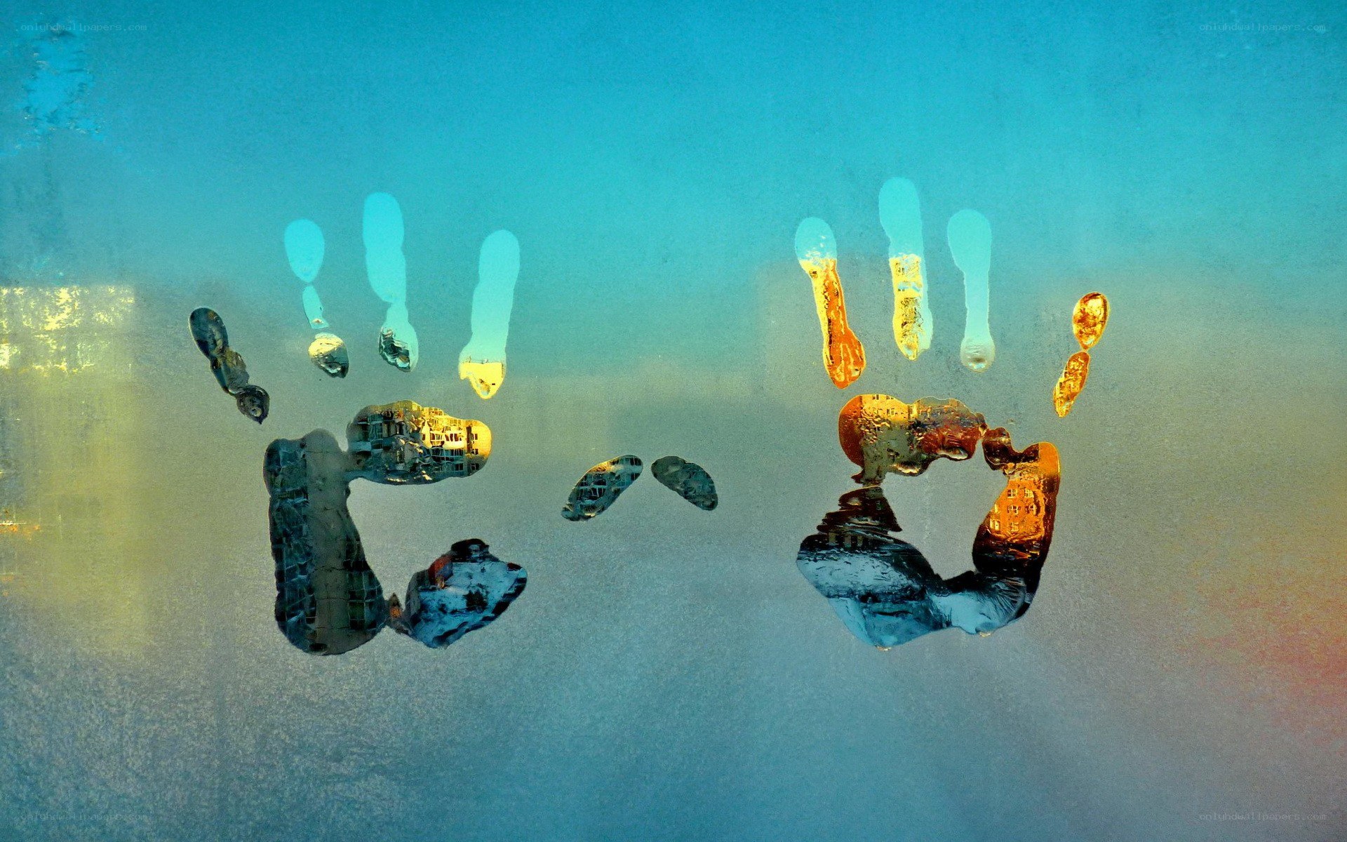 Handprints on a glass surface