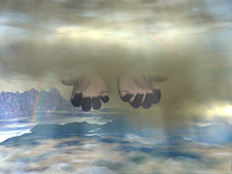 hands above a rainbow landscape