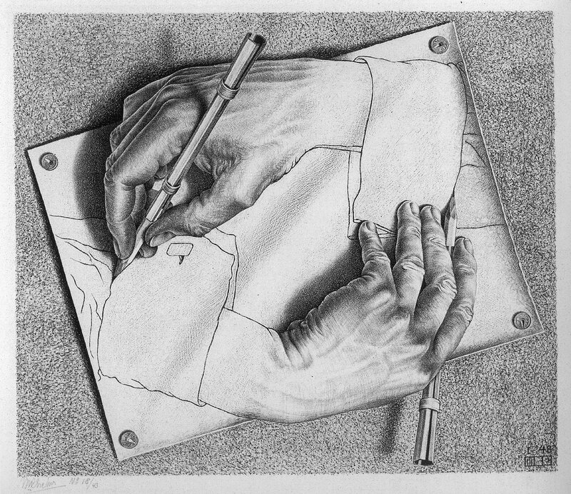 Hands Drawing Hands — Black, Dramatic, Illustration