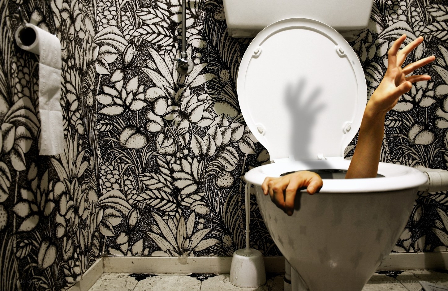 Hands emerging from a toilet