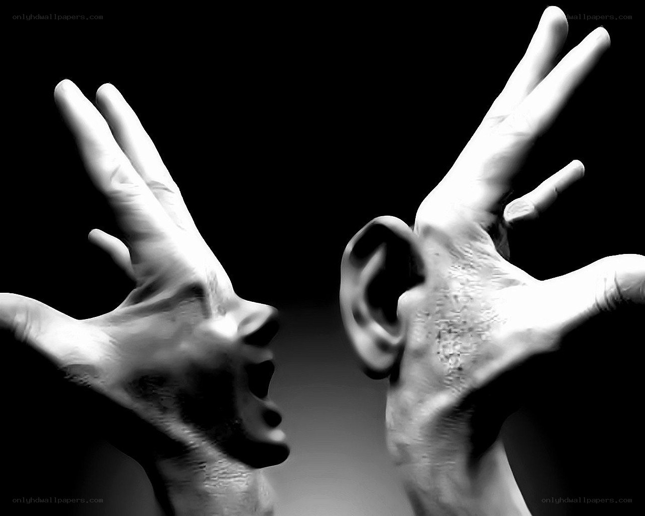 hands forming faces in black and white