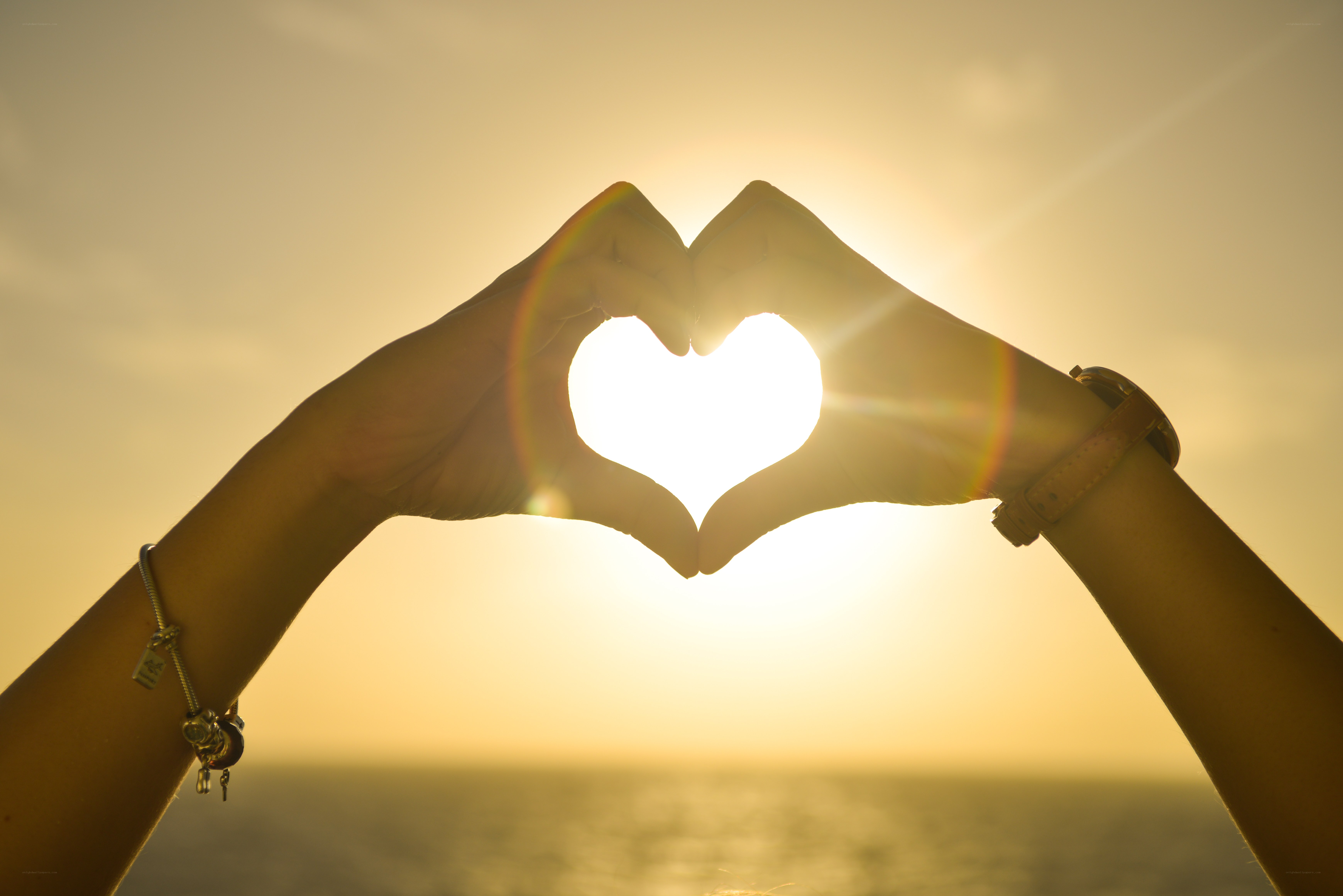 Hands forming heart at sunset