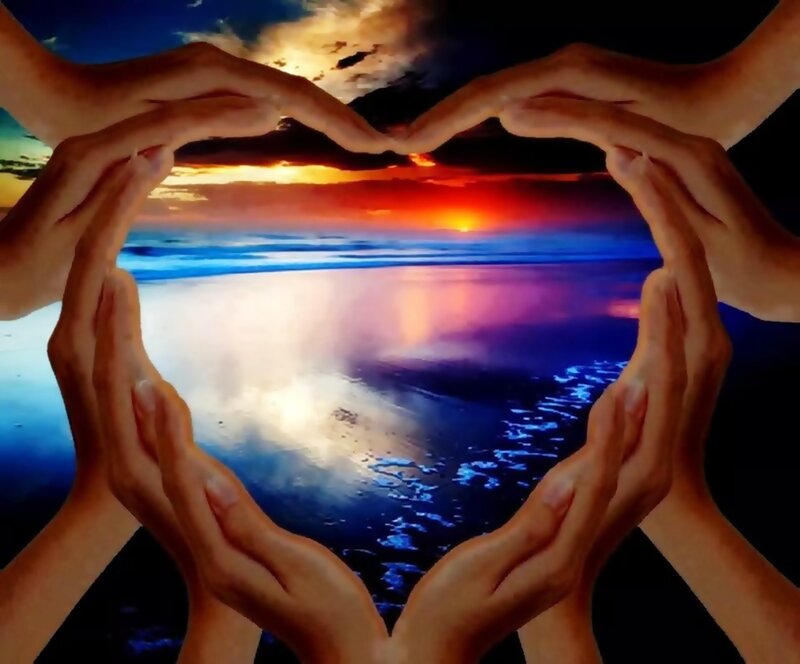 Hands Forming Heart Shape — Blue, Serene, Sunset, Digital Art