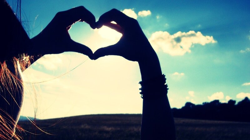 Hands Forming Heart Shape — Blue, Serene, Sunset, Photograph, Sky, Clouds