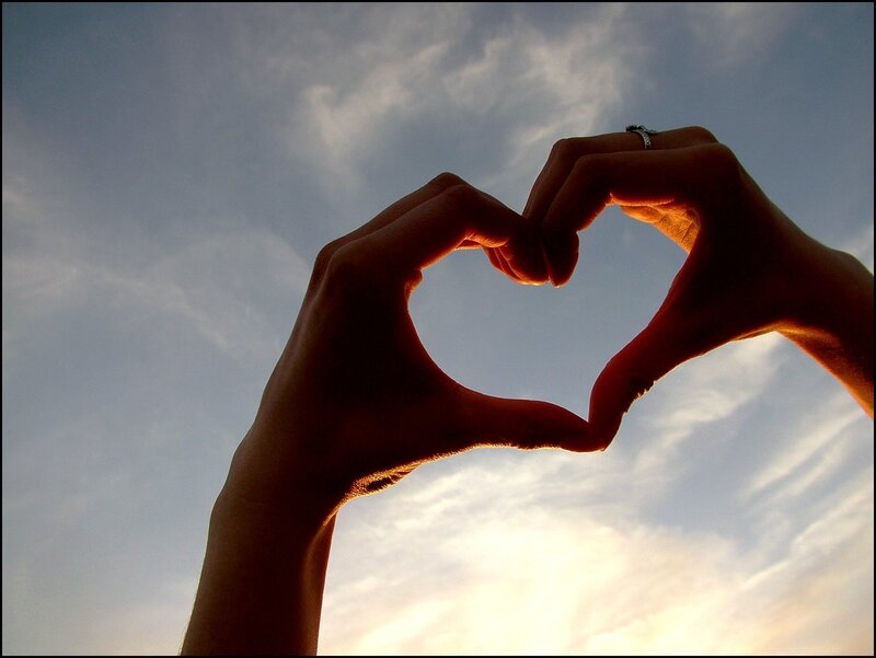 Hands Forming Heart Shape — Blue, Serene, Sunset, Photograph