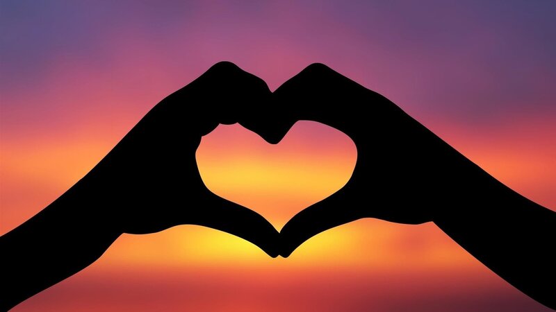 Hands Forming Heart Shape — Orange, Serene, Sunset, Photograph, Sky, Purple, Yellow