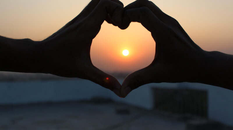 Hands Forming Heart Shape — Orange, Serene, Sunset, Photograph, Sun, Sky, Silhouette