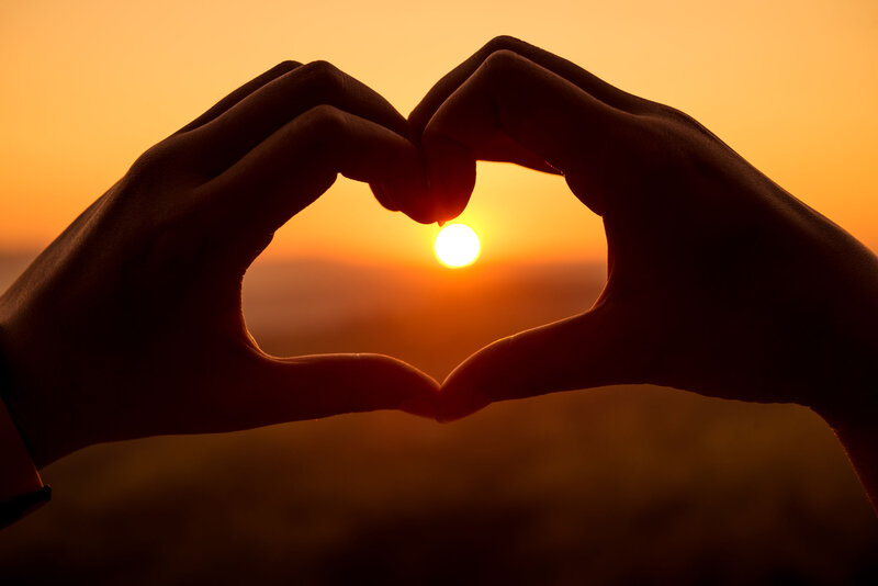 Hands Forming Heart Shape — Orange, Serene, Sunset, Photograph, Sun, Sky