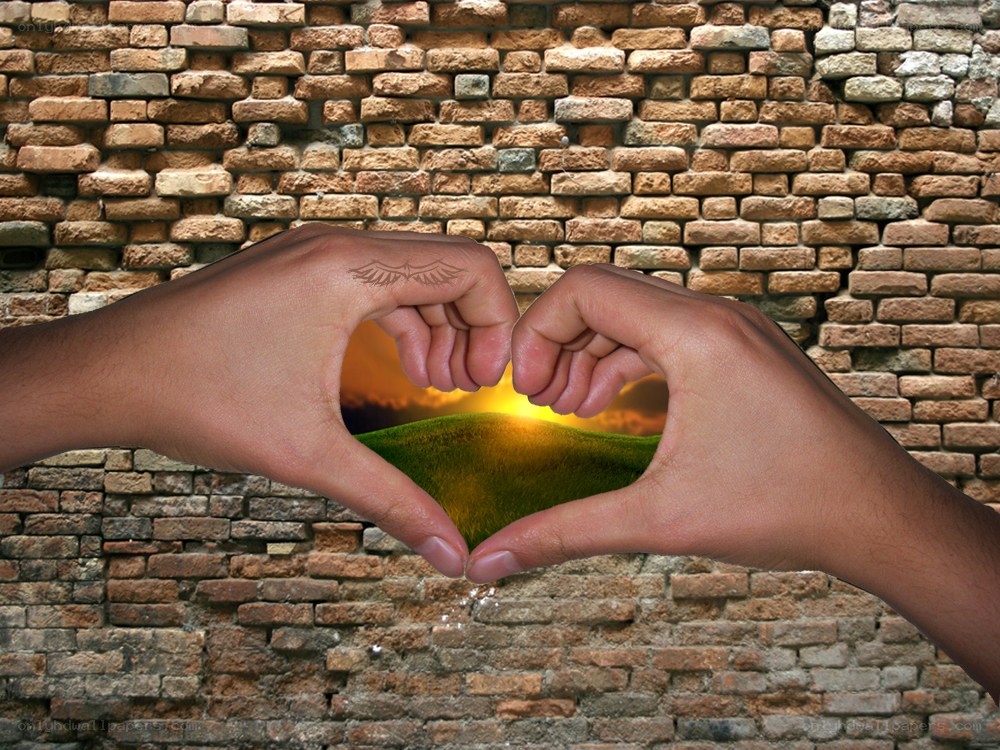hands forming heart with nature scene