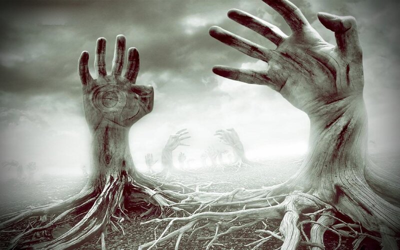 Hands Growing from Roots — Gray, Dramatic