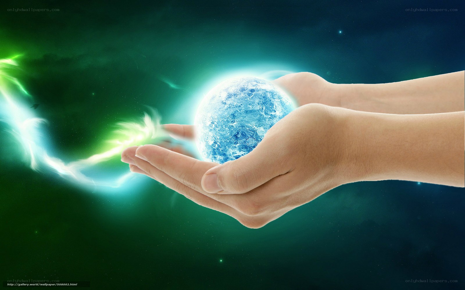 hands holding a glowing planet