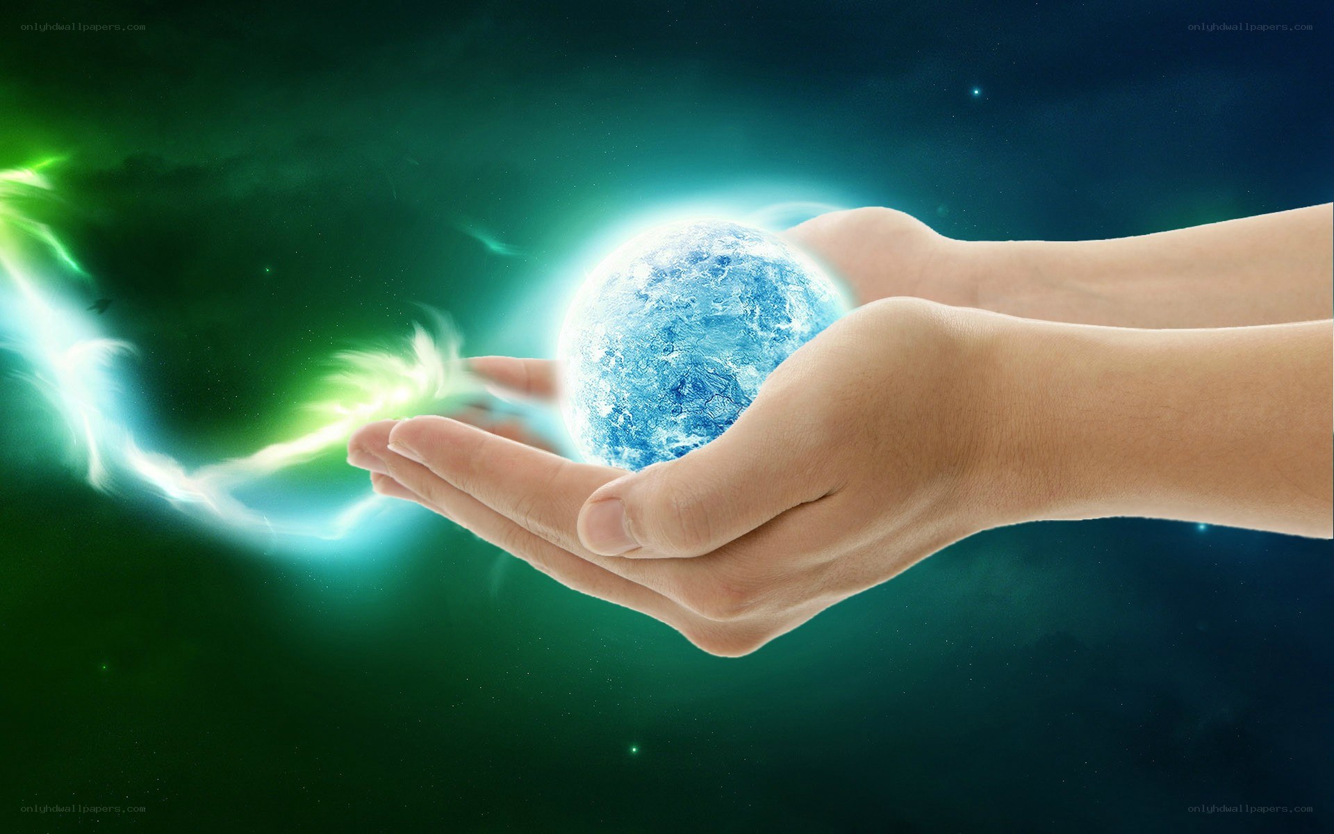 hands holding a glowing planet