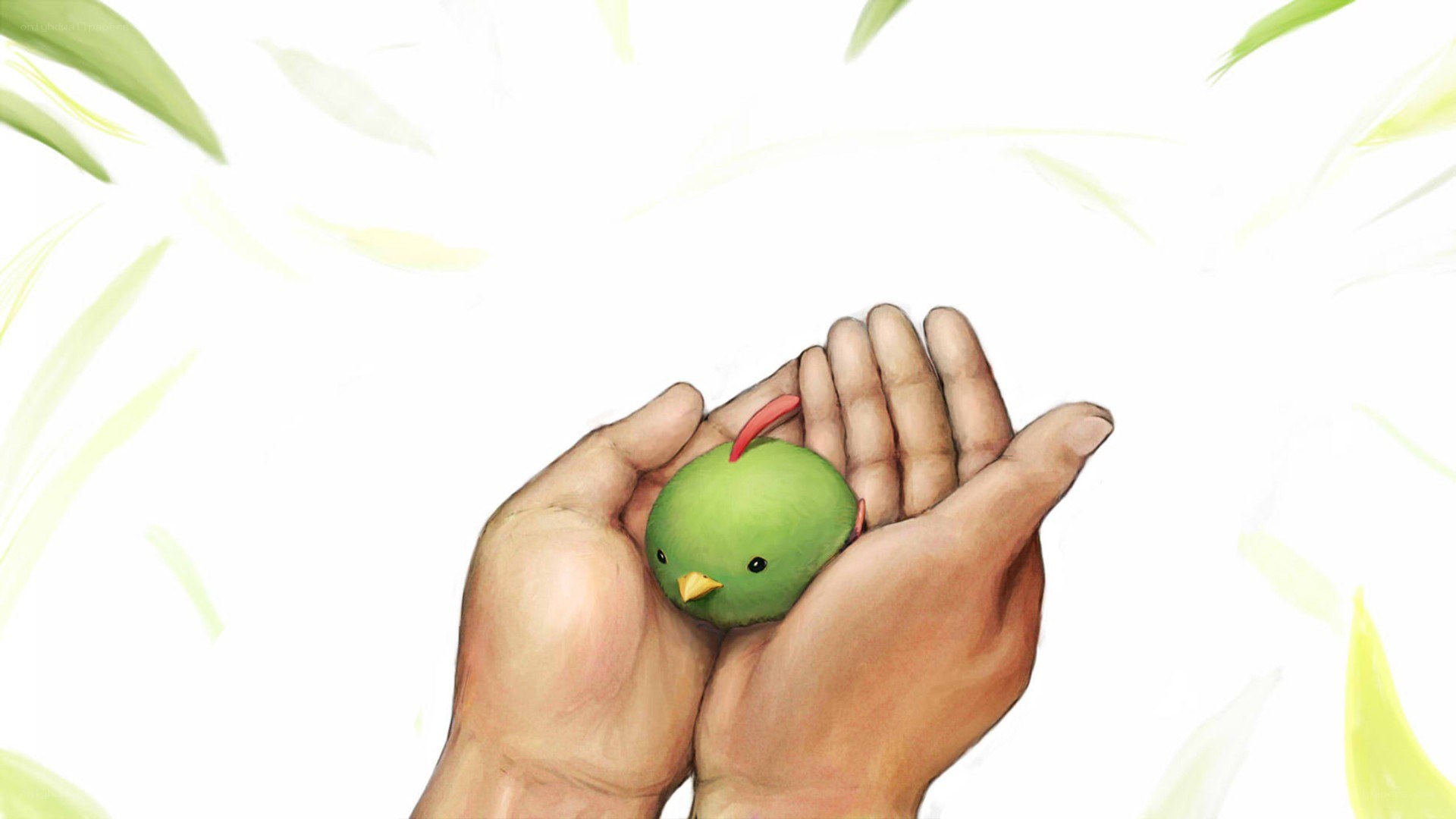 hands holding a green bird