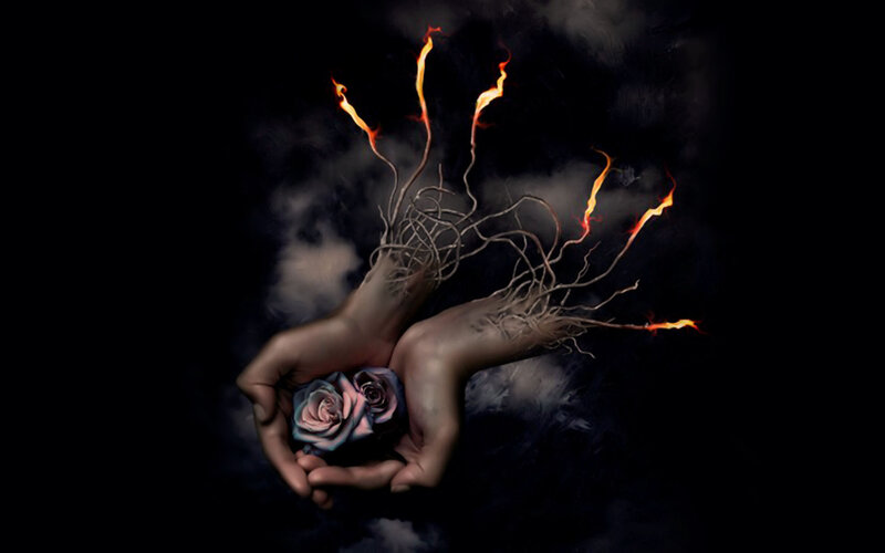 hands holding a rose with fire