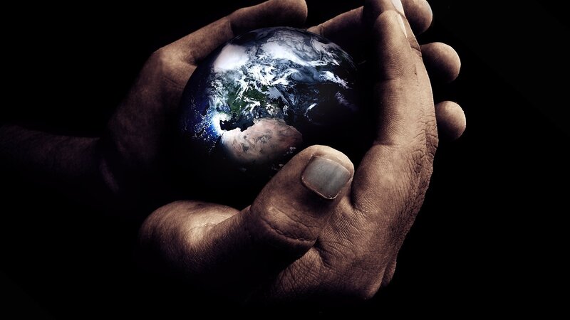 Hands Holding Earth — Black, Dramatic, Photograph, Dark Background, Brown