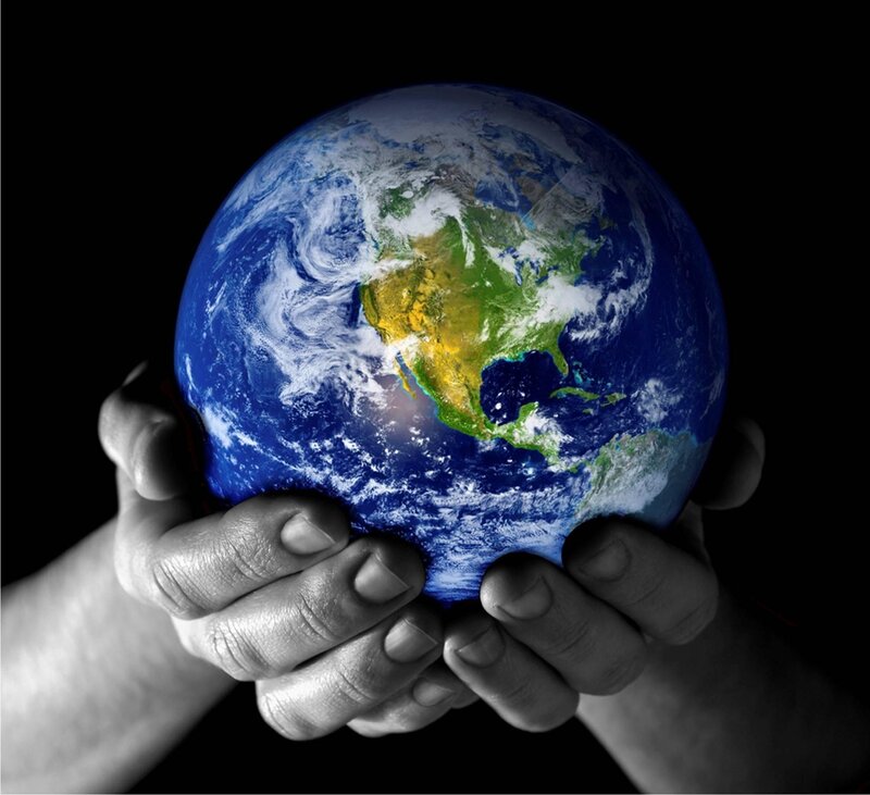 Hands Holding Earth — Blue, Dramatic, Photograph, Clouds, Green, White