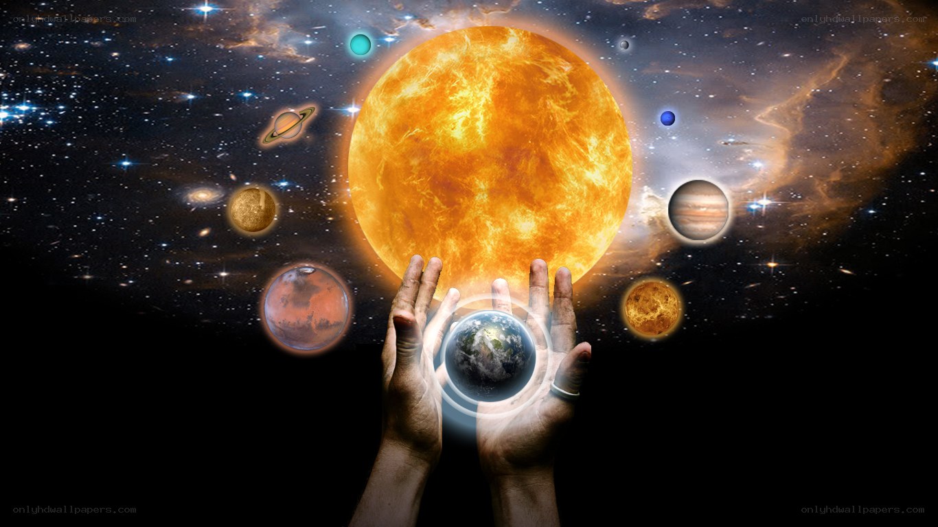 hands holding earth in solar system