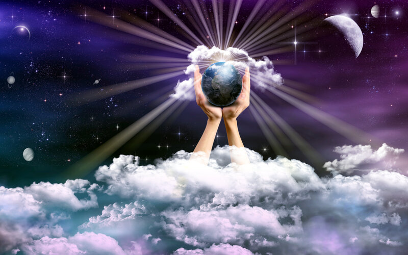 Hands Holding Earth — Purple, Serene