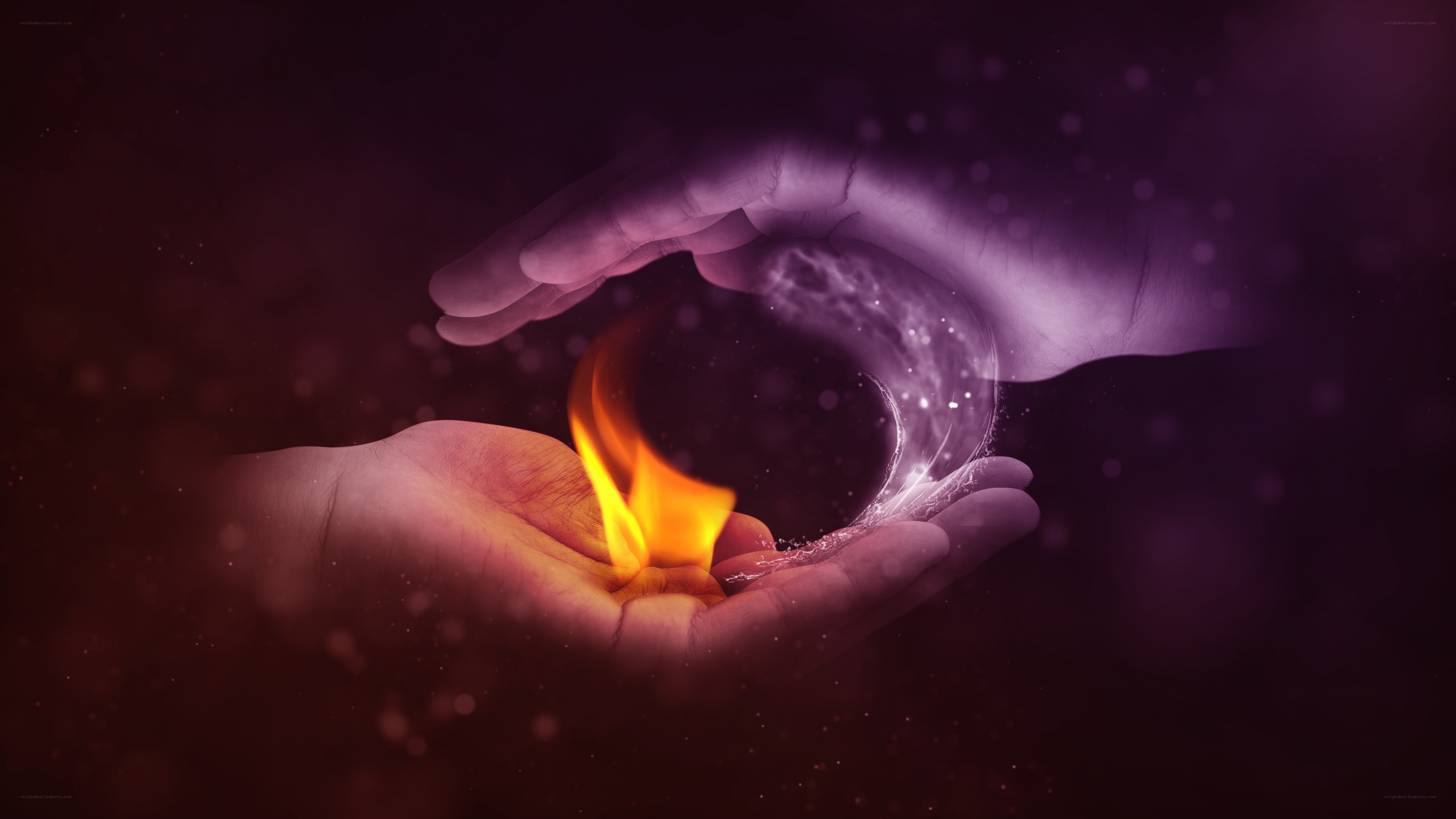 hands holding fire and water