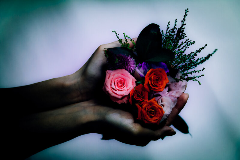 Hands Holding Flowers — Pink, Dramatic