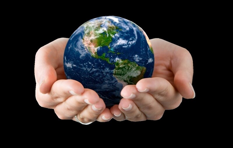 Hands Holding Globe — Blue, Calm, Photograph, Black Background