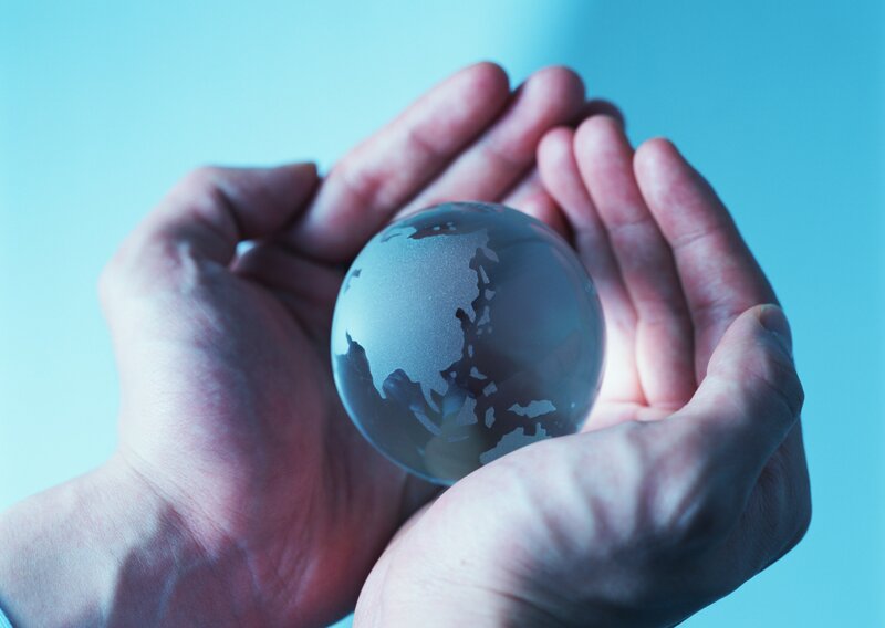Hands Holding Globe — Blue, Calm, Photograph, White