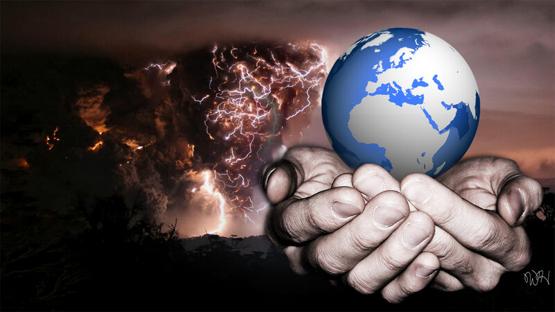 Hands Holding Globe — Blue, Dramatic, Night