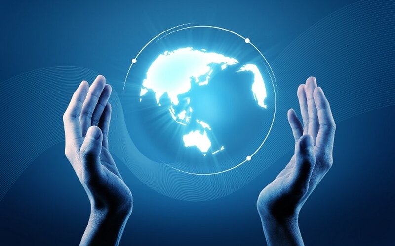 Hands Holding Globe — Blue