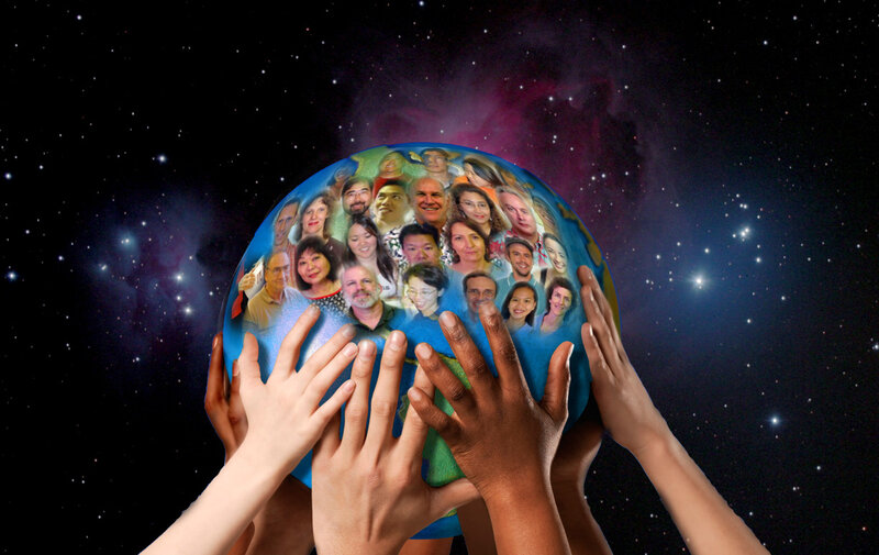 hands holding globe of faces
