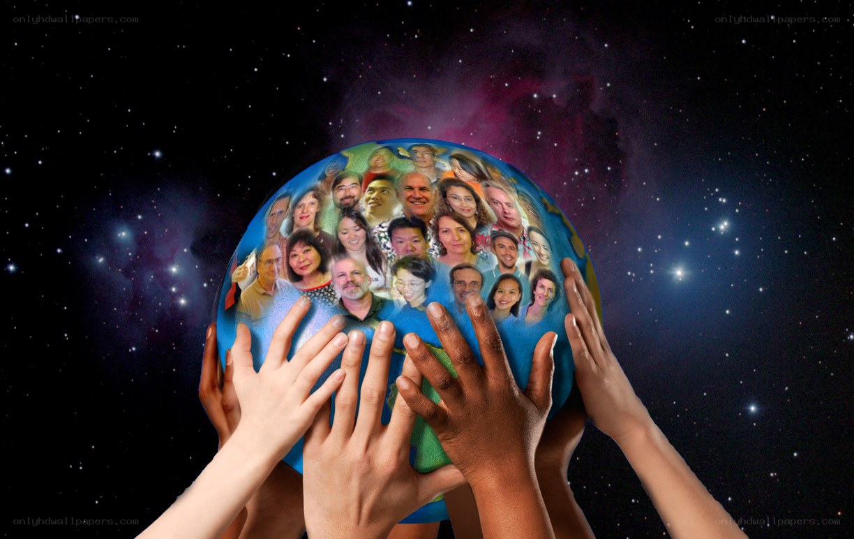 hands holding globe of faces
